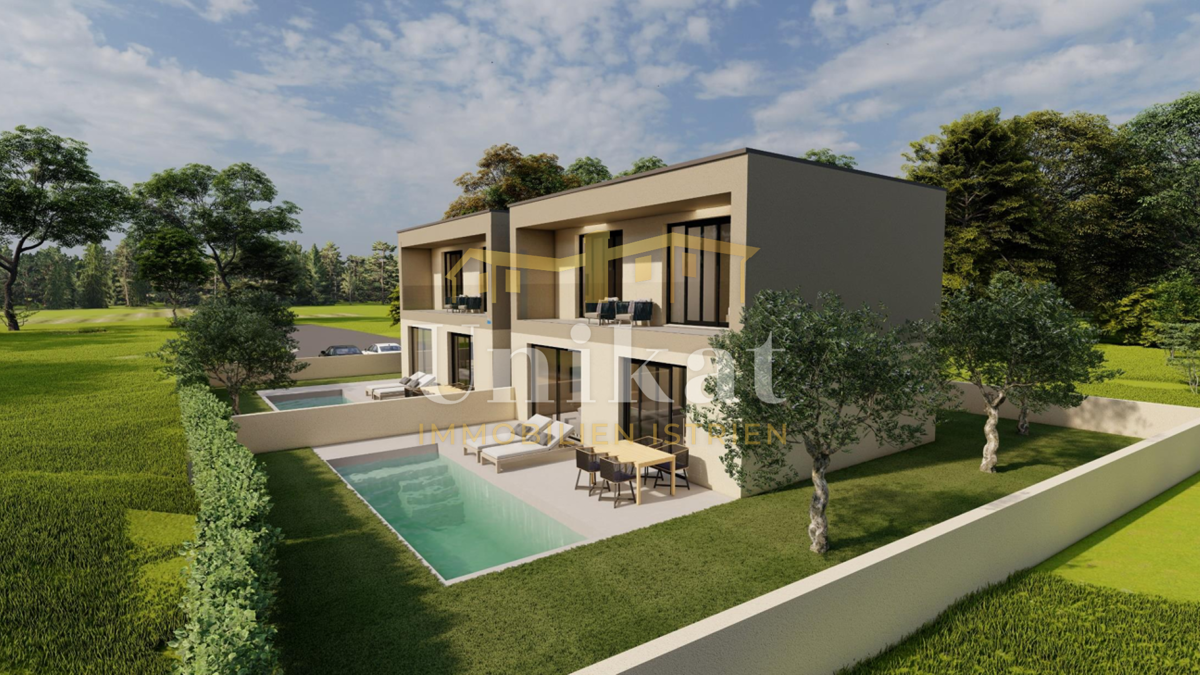 Progetto di nuova costruzione: casa bifamiliare con piscina, 2 camere da letto